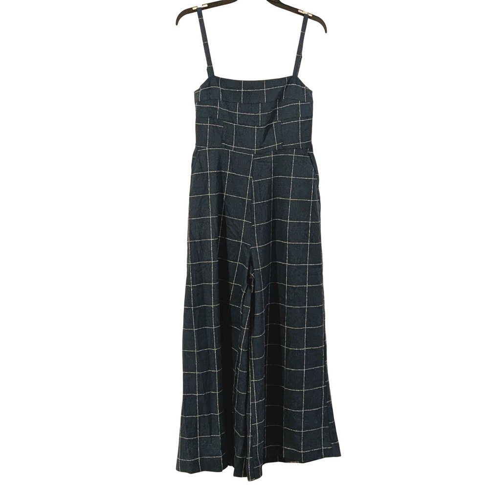 Madewell Teal Windowpane Grid Wide Leg Jumpsuit Sleeveless Square Neck Pockets S